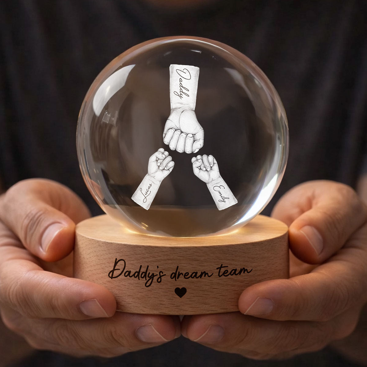 Daddy's Dream Team - Personalized Crystal Ball LED Night Light - Father's Day Gift for Dad, Husband