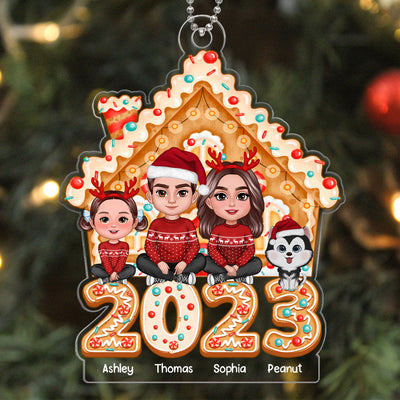 Family Sitting Crossed Legs Gingerbread House 2023 Personalized Acrylic Ornament