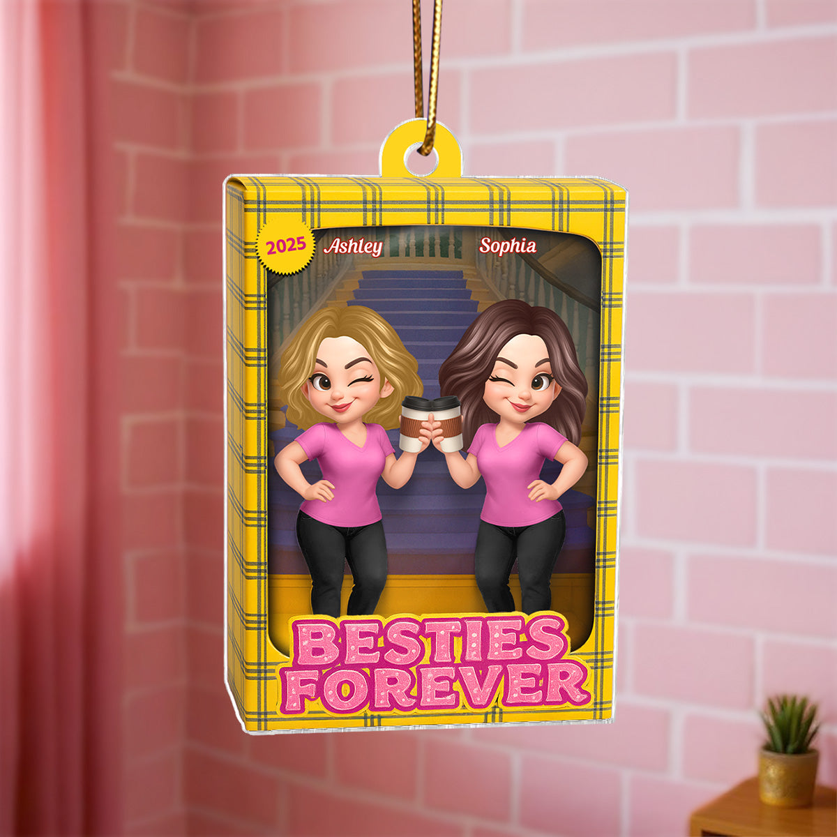 Besties Forever Yellow Plaid Toy Box Style - Personalized Acrylic Ornament - Christmas Gift For Best Friends
