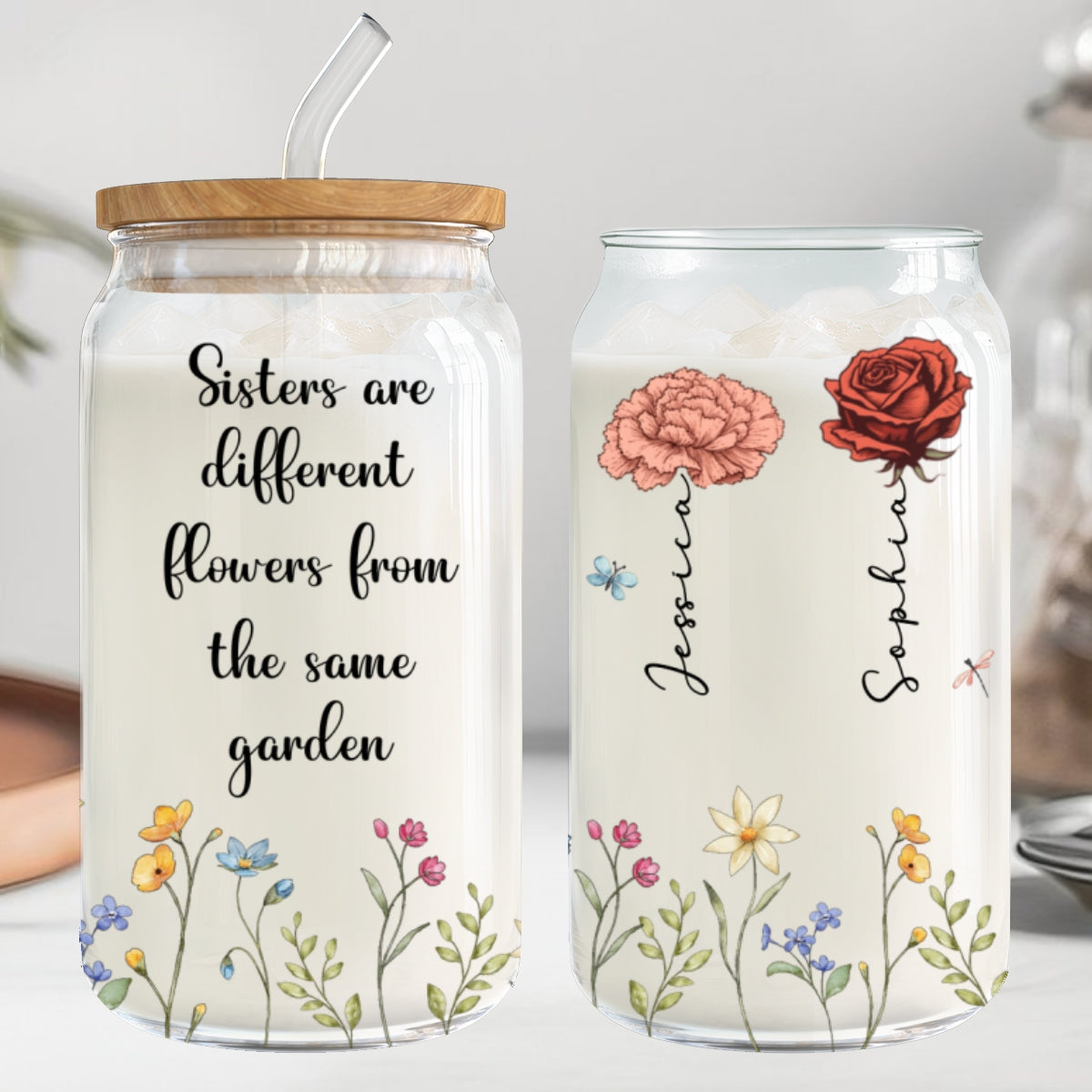 Sisters Are Different Flowers From The Same Garden Personalized Clear Glass Can, Birthday, Christmas Gift For Sisters, Siblings, Besties