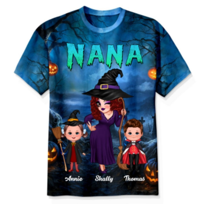Pretty Grandma Witch & Kids In Halloween Night Personalized Shirt, Halloween Costume for Grandma