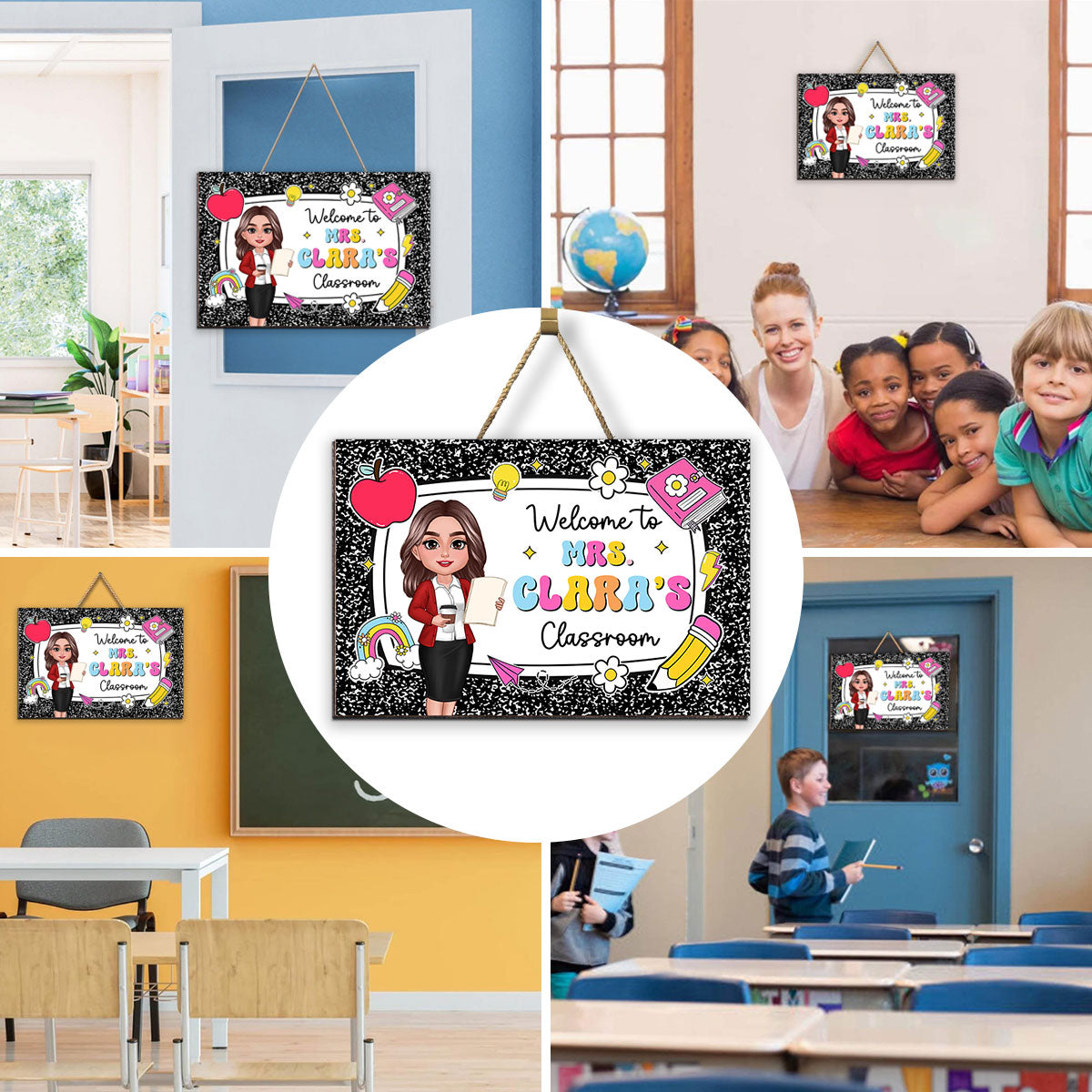 Teacher Composition Book Pattern Personalized Wood Sign, Back To School Gift
