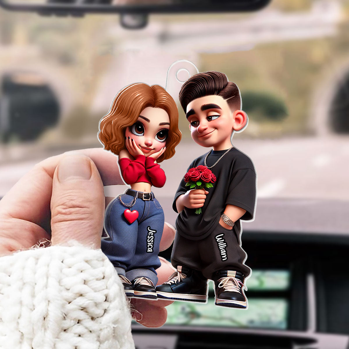 3D Effect Y2K Couple Personalized Acrylic Car Hanger,  Gift For Couple, For Him, For Her