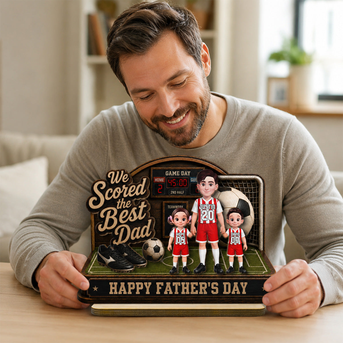 Soccer Dad & Kids On Court 2D Flat - Personalized 2-Layered Wooden Plaque - Father's Day Gift For Soccer Dad, UK Football Dad