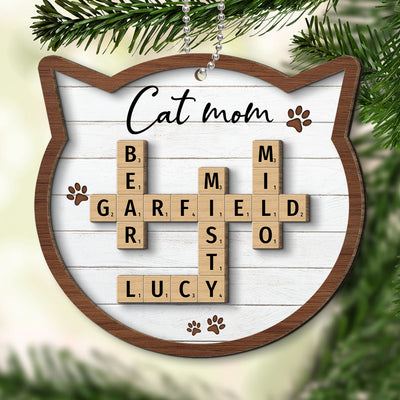 Cat Lover Gift Crossword Puzzle Art Personalized 2-Layer Wooden Ornament [Can add up to 20 cat names]
