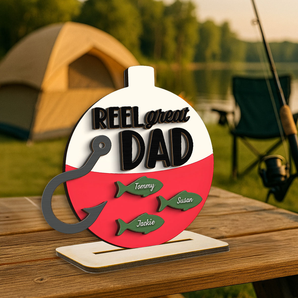 Reel Great Dad Grandpa Personalizd 2-Layer Standing Wooden Plaque, Father's Day gift for Fishing Dad Grandpa