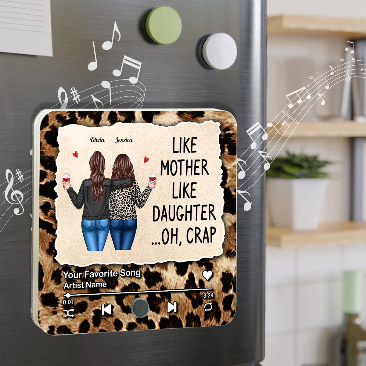 Like Mother Like Daughter Leopard Pattern Personalized Music Fridge Magnet, Funny Gift for Mom, Gift for her