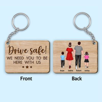 Family Couple & Kid Walking Back View Personalized Wooden Keychain