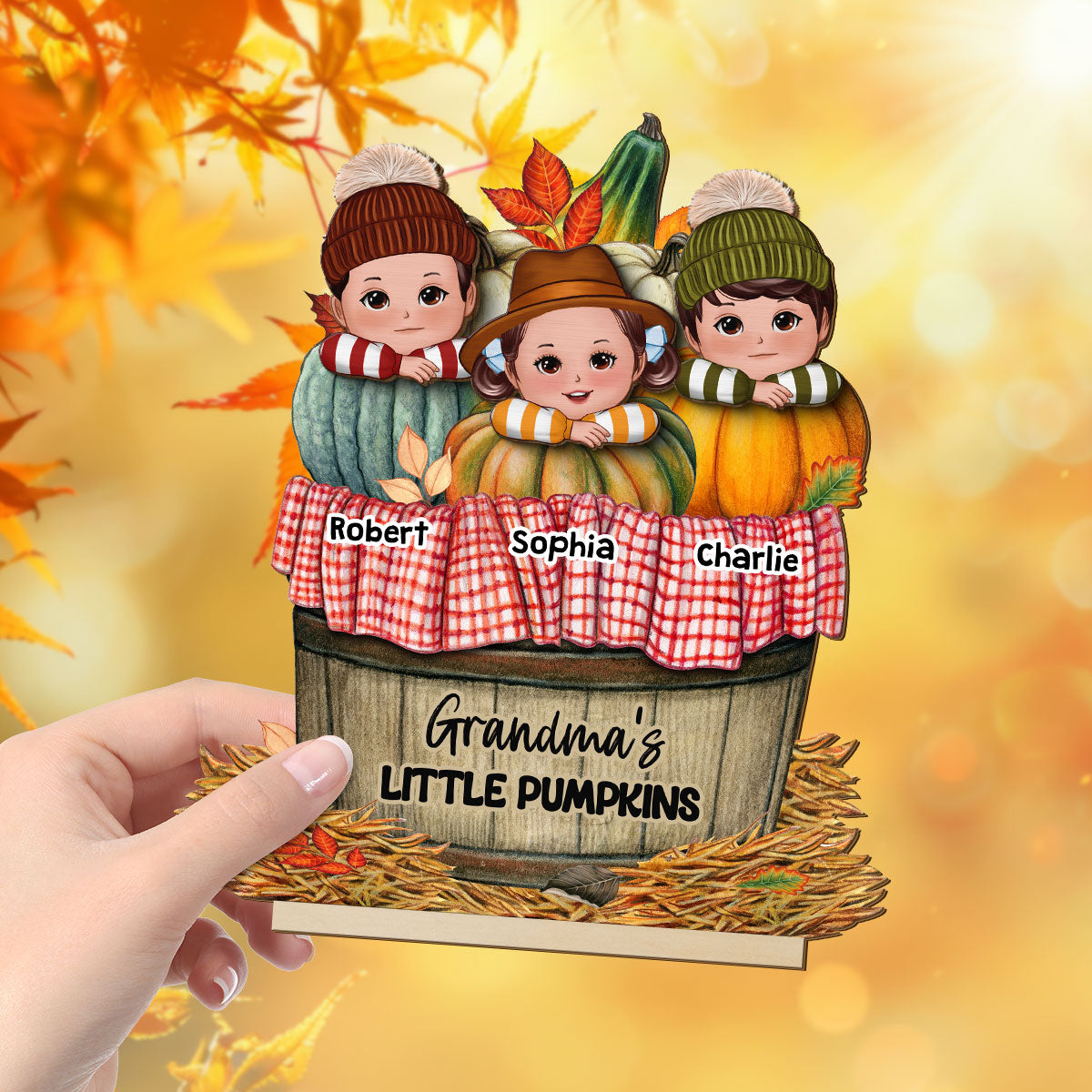Cute Kids Grandma's Pumpkin Fall Season Personalized 2 Layer Standing Wooden Plaque