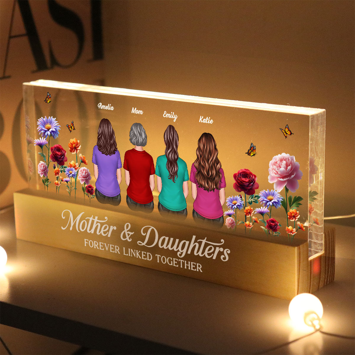 Mother & Daughters Sons Forever Linked Together 3D Effect Birth Month Flowers Personalized Acrylic Block LED Night Light