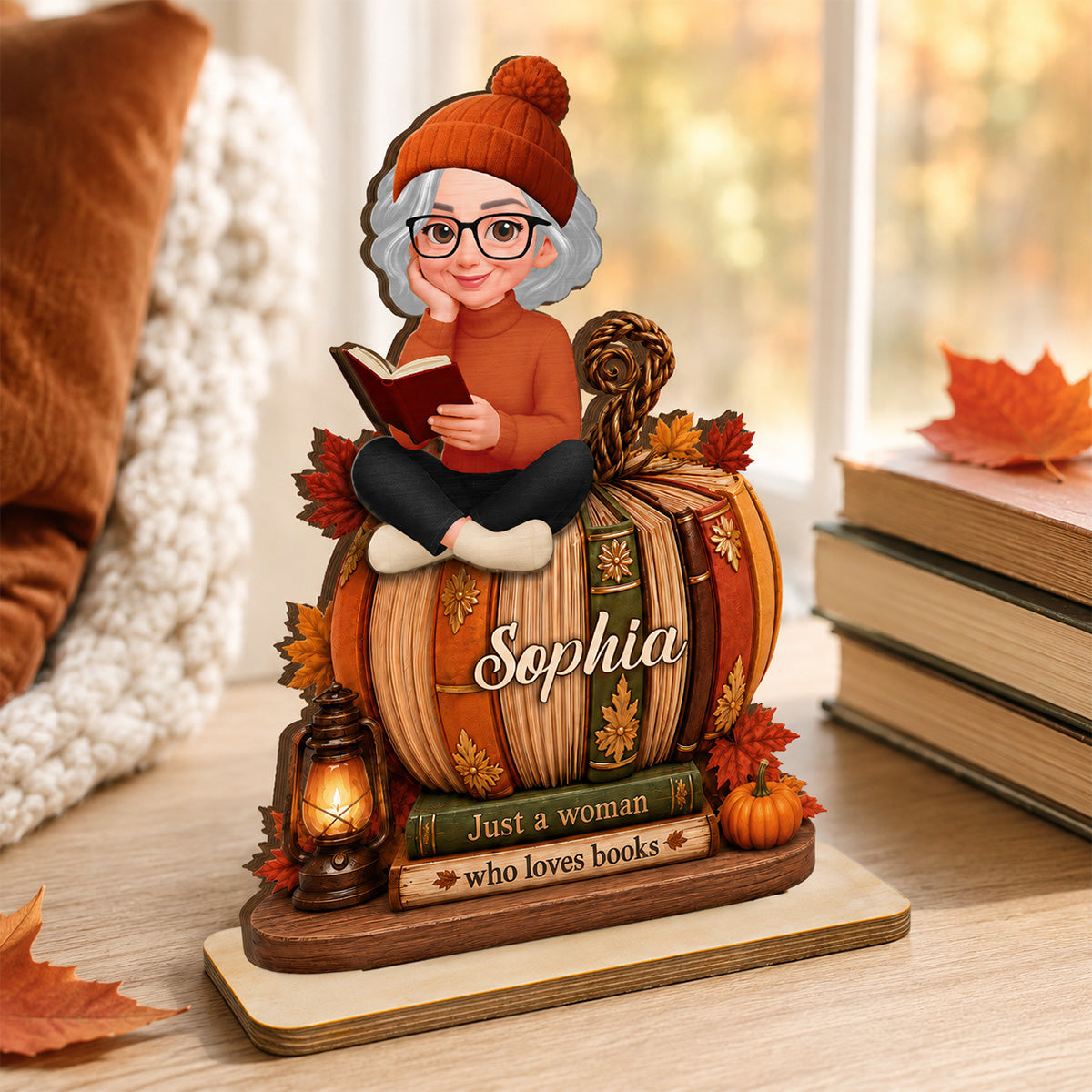 Girl Reading Book On Fall Book Pumpkin 2D Flat - Personalized 2-Layered Wooden Plaque - Fall Season Decor For Book Lover