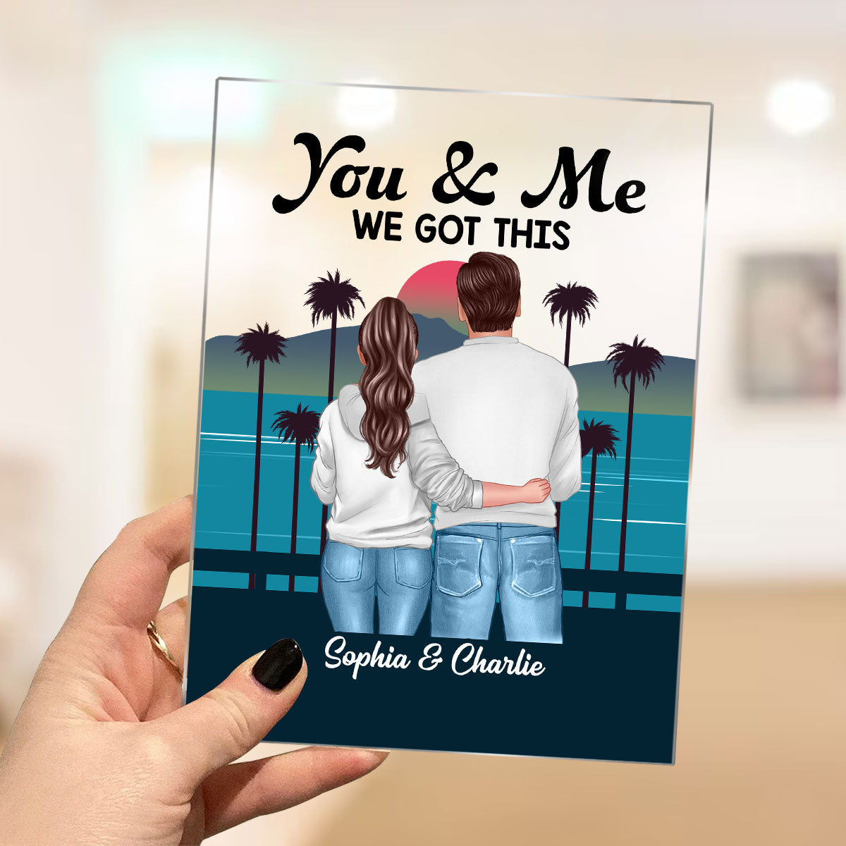 Retro Back View Couple Standing Hugging Personalized Acrylic Plaque