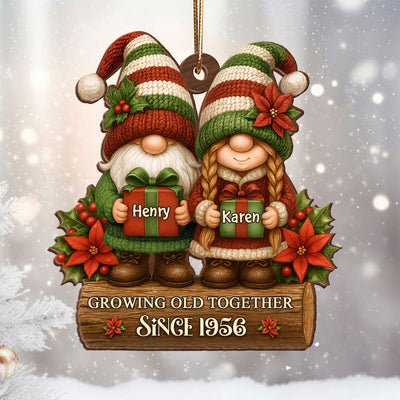 Gnome Couple Growing Old Together - Personalized Wooden Ornament - Christmas Gift for Husband, Wife