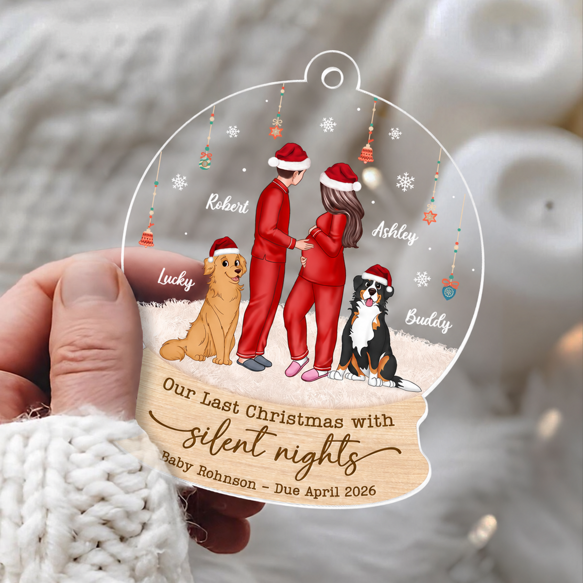 Last Christmas With Silent Nights, Expecting Family, Baby Coming Soon, Pregnancy Announcement Personalized Acrylic Ornament
