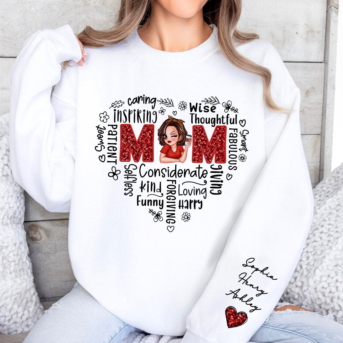 Mom Word Art Pretty Woman With Kids Names On Sleeve Personalized Sleeve Printed Sweatshirt