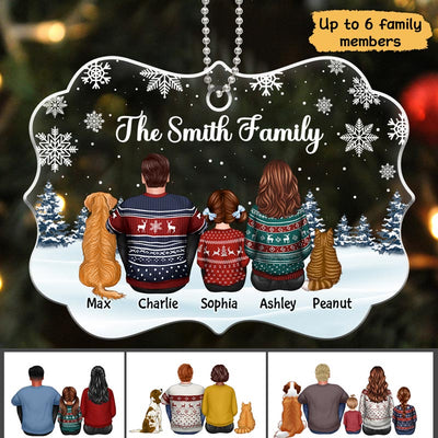 Family Dad Mom Kids Dogs Cats Snow Background Birthday, Anniversary Gift - Personalized Acrylic Ornament