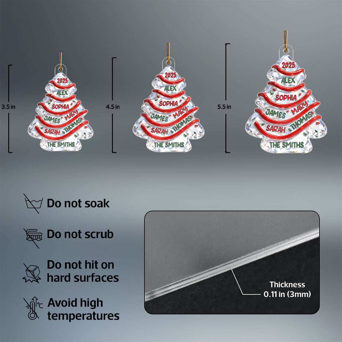 3D Effect Flat Family Names Christmas Tree Cake - Personalized Acrylic Ornament - Christmas Gift For Whole Family, Extended Family