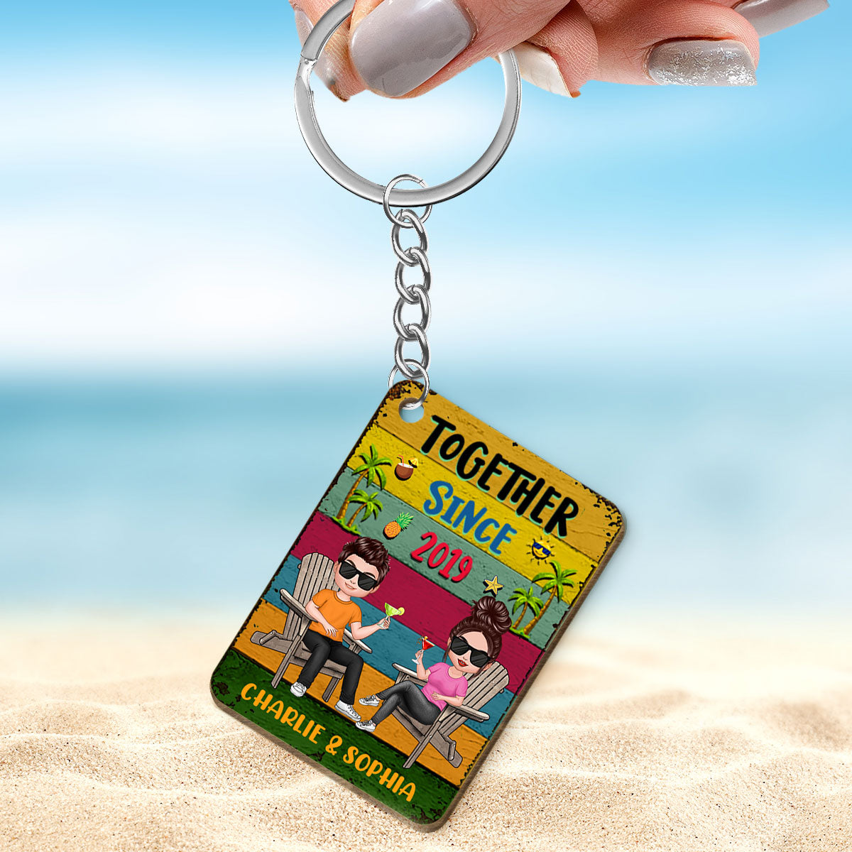 Colorful Plank Summer Couple Personalized Wooden Keychain
