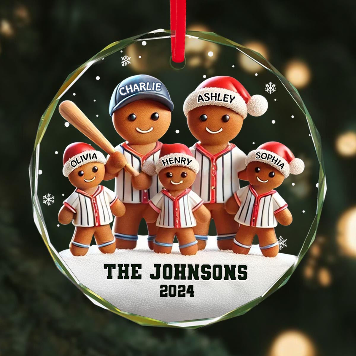 Baseball Gingerbread Family Sport Lover 3D Effect Personalized Glass Ornament