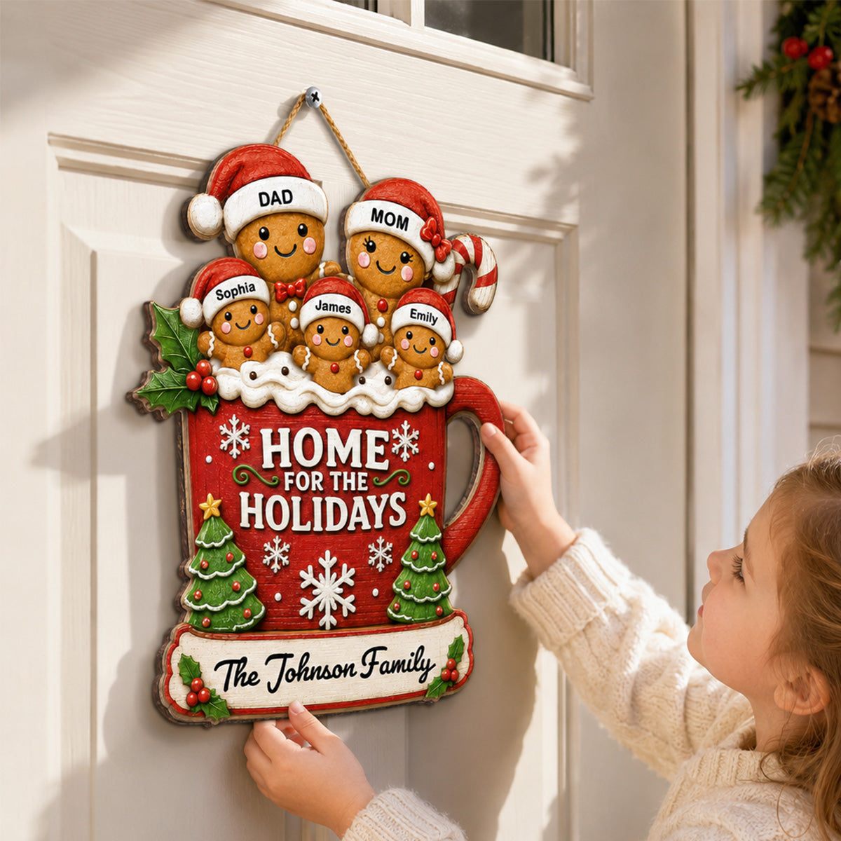 Gingerbread Family In Hot Cocoa 2D Flat - Personalized Wood Sign - Christmas Decor For Family