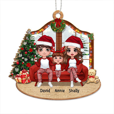 Christmas Doll Family On Sofa Personalized Wooden Ornament