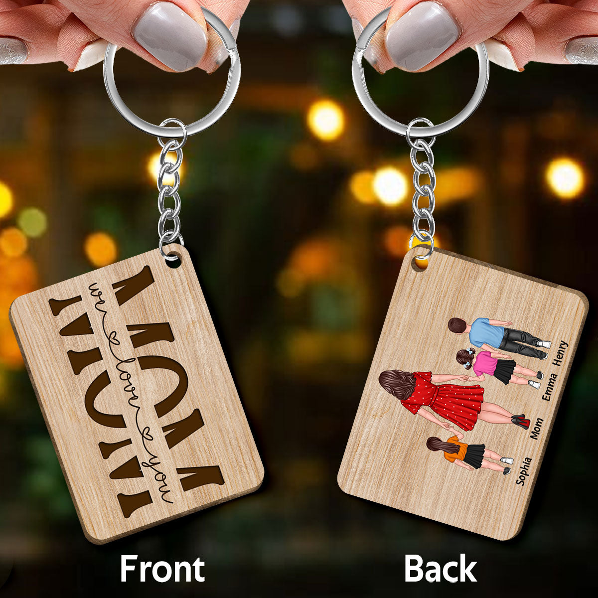 Best Mom Ever Back View Walking Woman & Kids Personalized Wooden Keychain