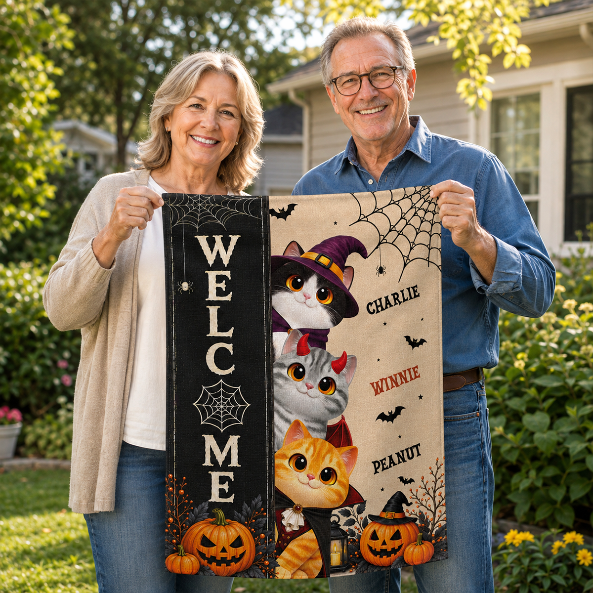 Spooky Cats Welcome - Personalized Garden Flag - Halloween Yard Decor