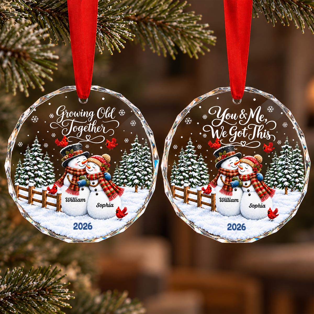 Snowman Couple - Personalized Glass Ornament - Custom Couple Names & Year, Christmas Keepsake, Gift for Couples