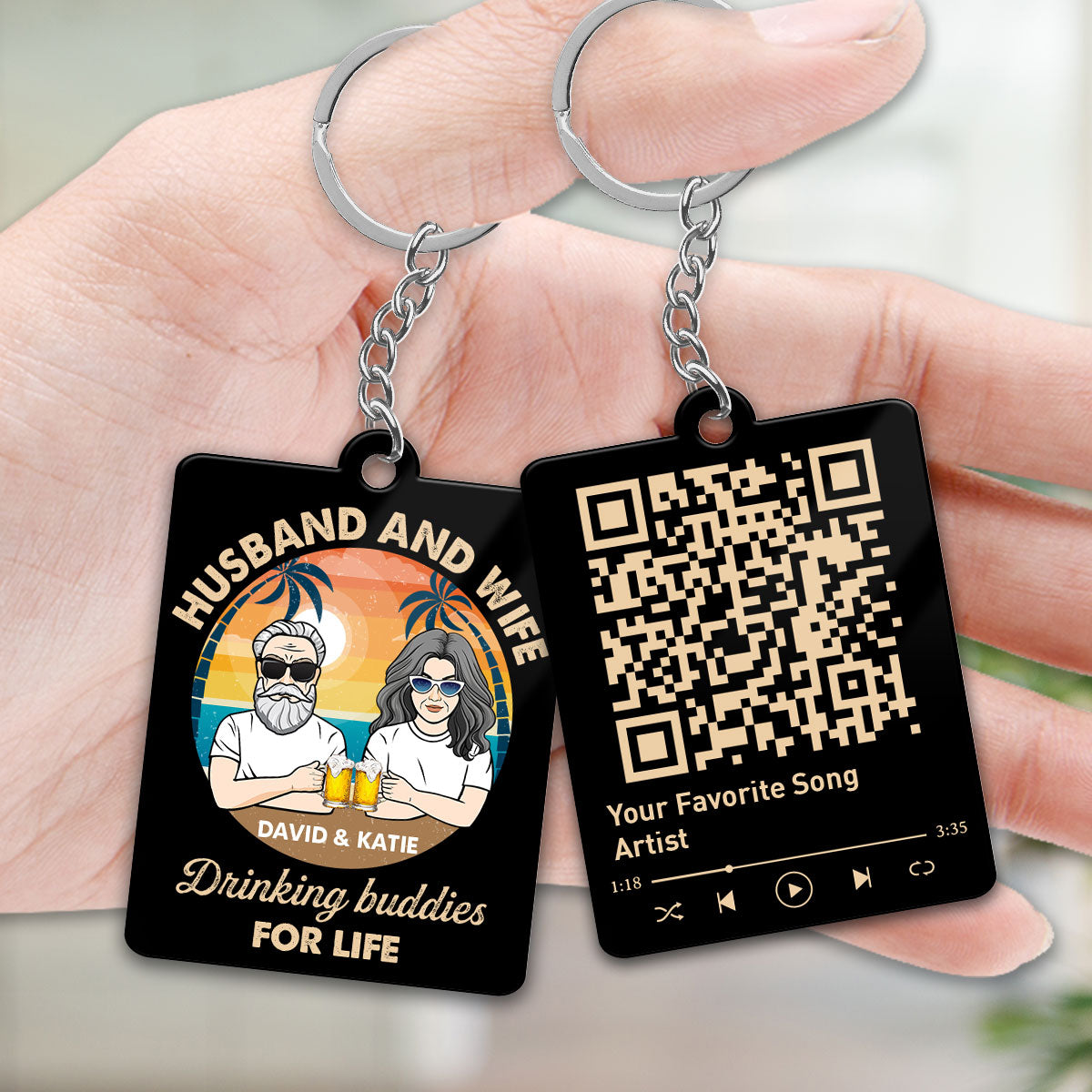 Husband Wife Drinking Buddies Favorite Song Scannable QR Code Personalized Acrylic Keychain