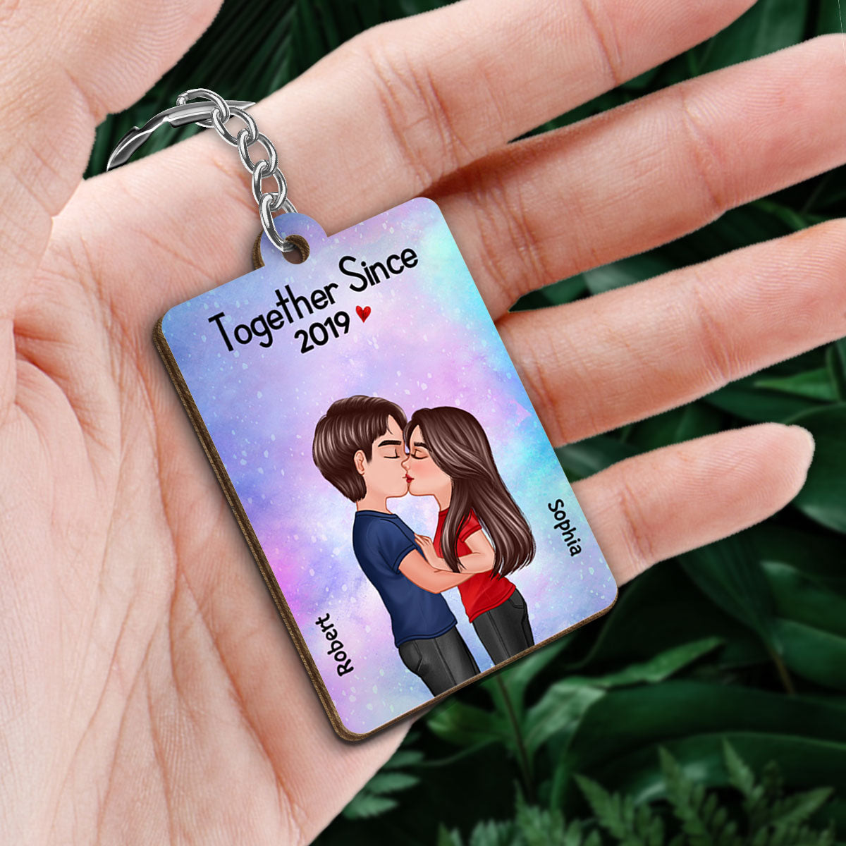Doll Couple Kissing Together Since Favorite Song Scannable QR Code Personalized Wooden Keychain