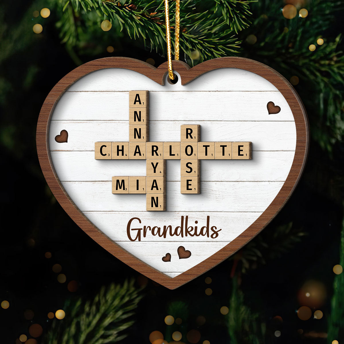 Grandkids Crossword Puzzle Art - Personalized 2-Layered Wooden Ornament - Christmas Gift For Mom, Gift For Grandma