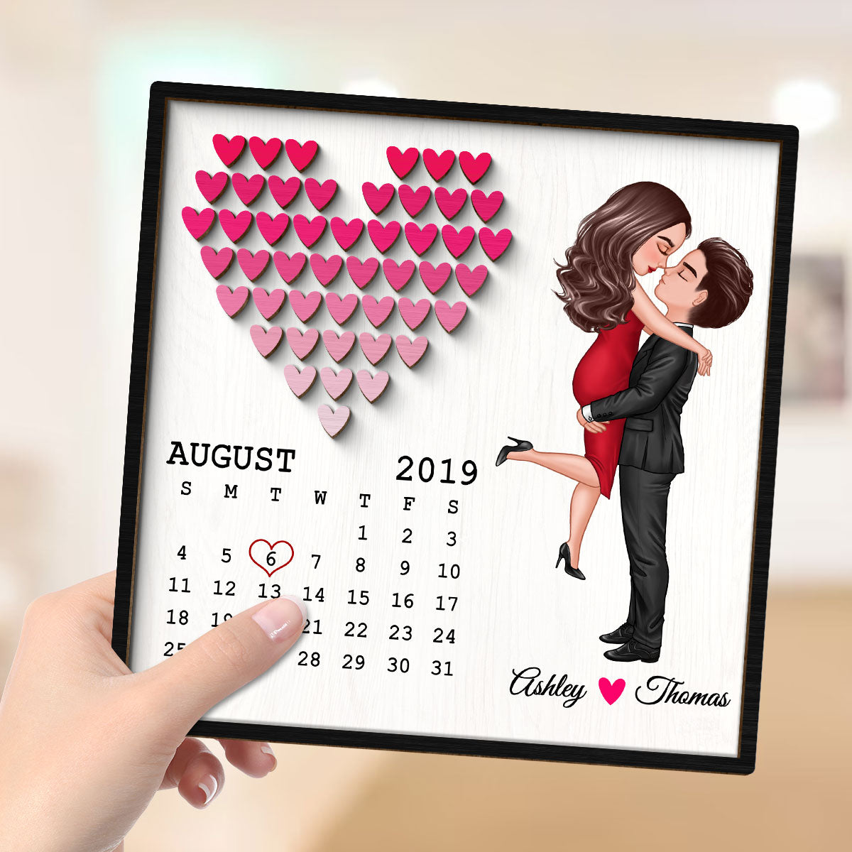 Doll Couple Hugging Kissing Calendar Anniversary Date Gift For Him Gift For Her Hearts Personalized 2-Layer Wooden Plaque