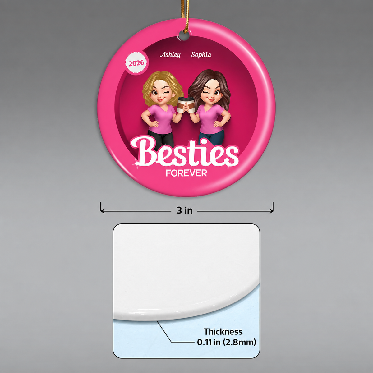 Besties Sisters 3D Effect Pink Toy Box Personalized Circle Ceramic Ornament, Gift for Besties, Best Friends