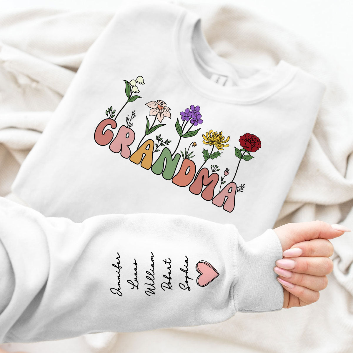 Grandma Retro Birth Month Flower Gift Personalized Sleeve Printed Sweatshirt