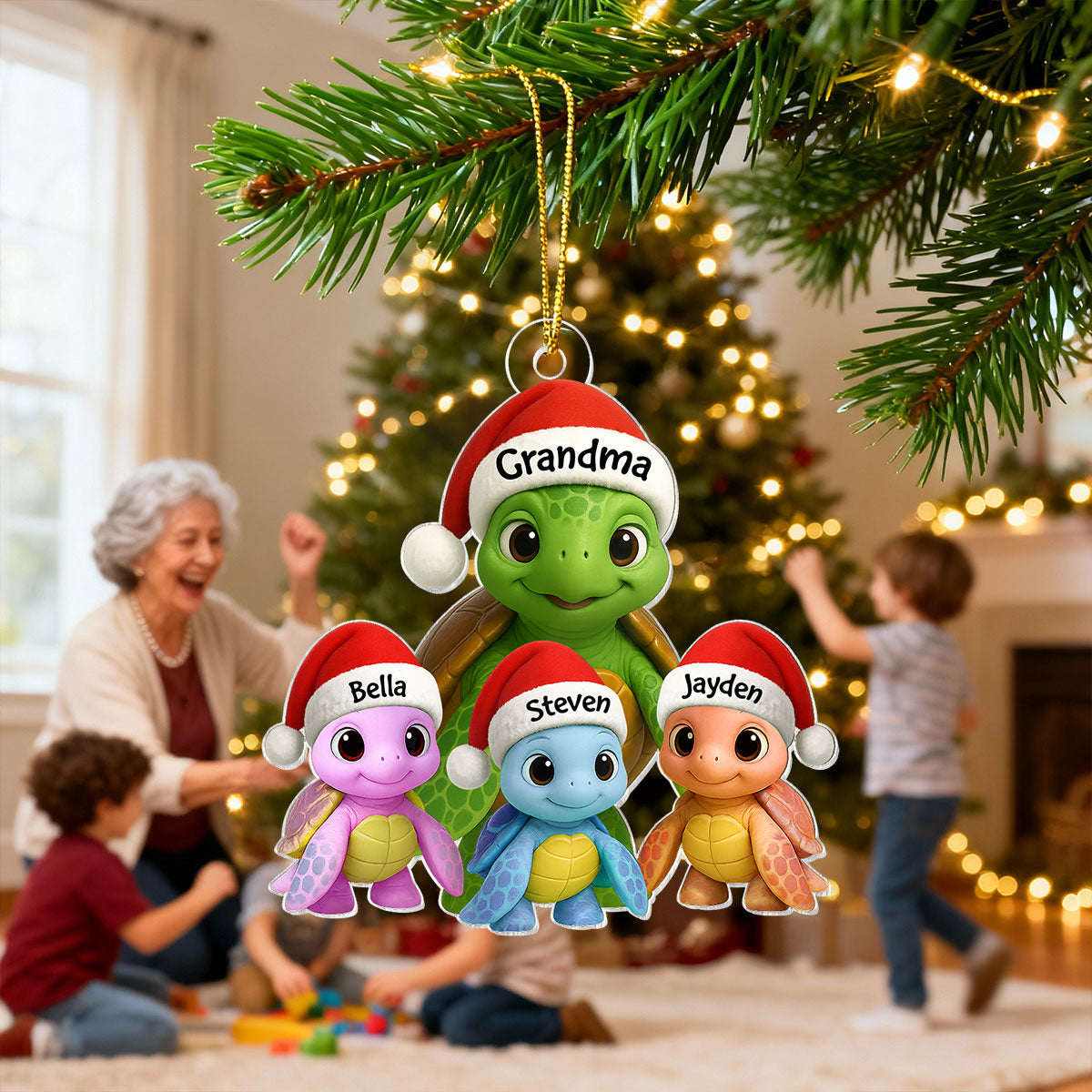 3D Effect Cute Christmas Sea Turtles Grandma And Grandkids - Personalized Acrylic Ornament