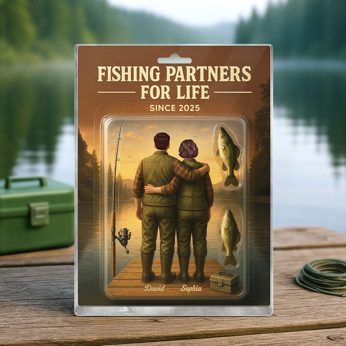3D Effect Custom Figure Couple Together Fishing Partners For Life Personalized Rectangle Acrylic Block Plaque