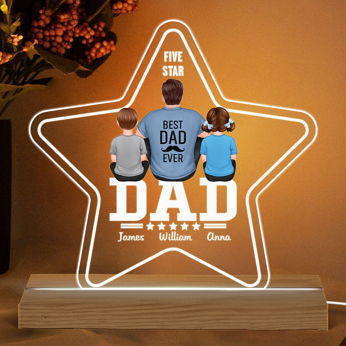 Five - Star Dad Back View Dad And Kids - Personalized Acrylic LED Night Light