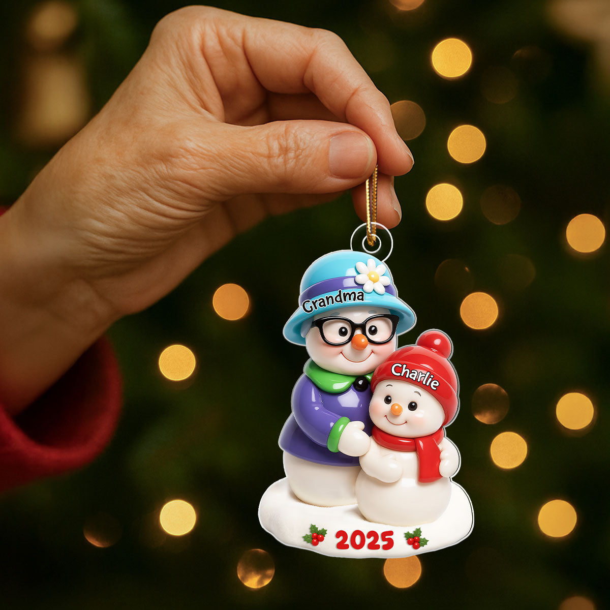Snowman Grandma Hugging Grandkids 3D Effect Personalized Acrylic Ornament, Christmas Gift for Granddaughter, Grandson, Grandma