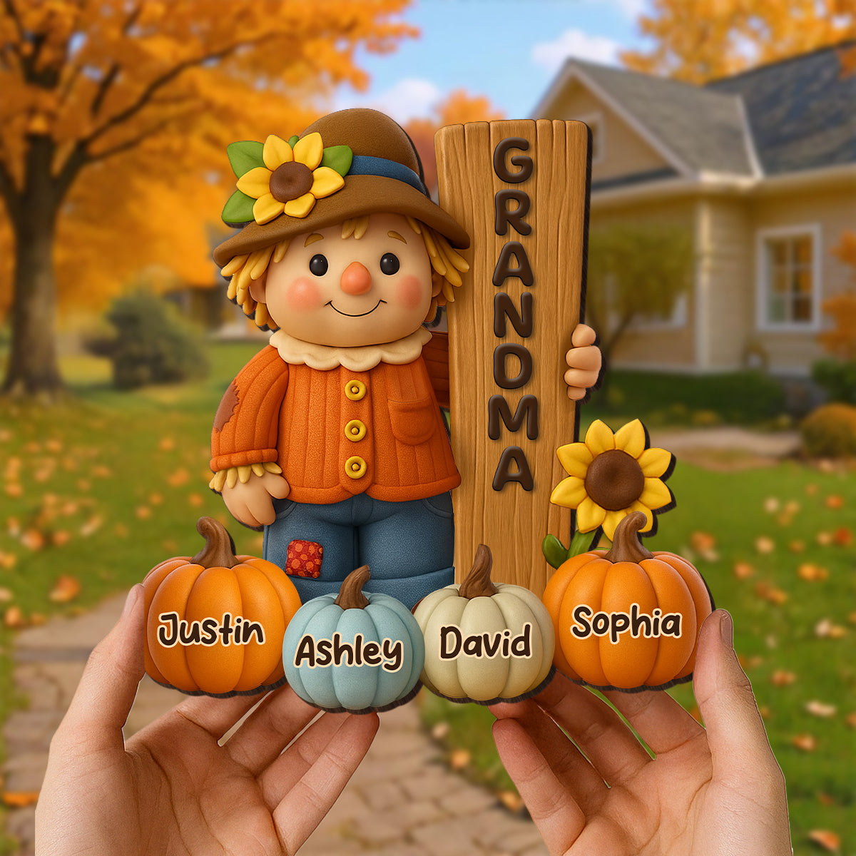 Grandma Scarecrow Standing Grandkids Pumpkins 3D Effect Personalized 2-Layer Wooden Plaque