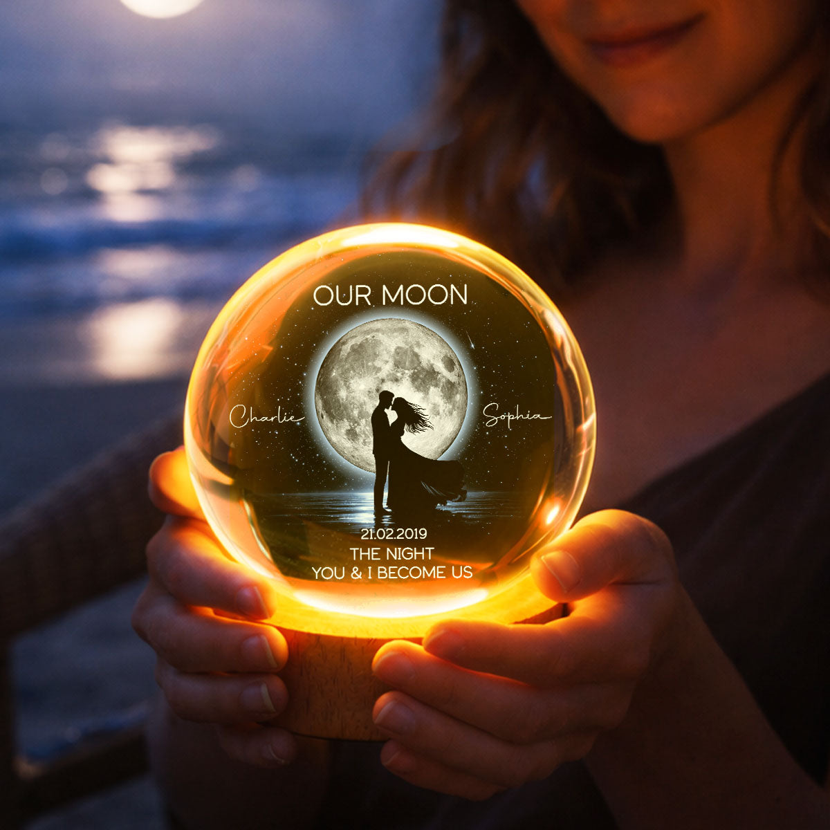 Couple Kissing Under the Moonlight, Custom Moon Phase by Date - Personalized Crystal Ball LED Night Light - Sentimental Valentine's Day Gift for Her, for Him