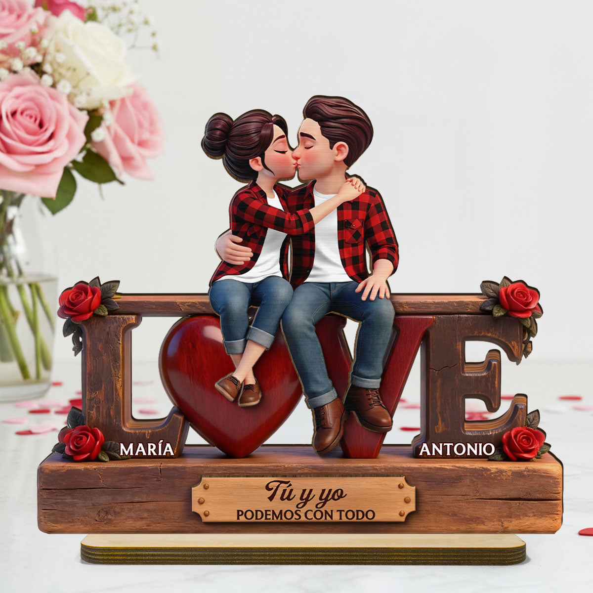 Roses LOVE Spanish Couple Sitting Kissing - Personalized 2-Layered Wooden Plaque - Heartfelt Gift For Couple