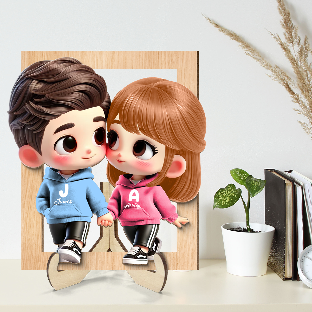 3D Effect Cute Cartoon Couple Holding Hands Personalized 2-Layered Wooden Plaque, Anniversary &  Gift for him, Gift for her