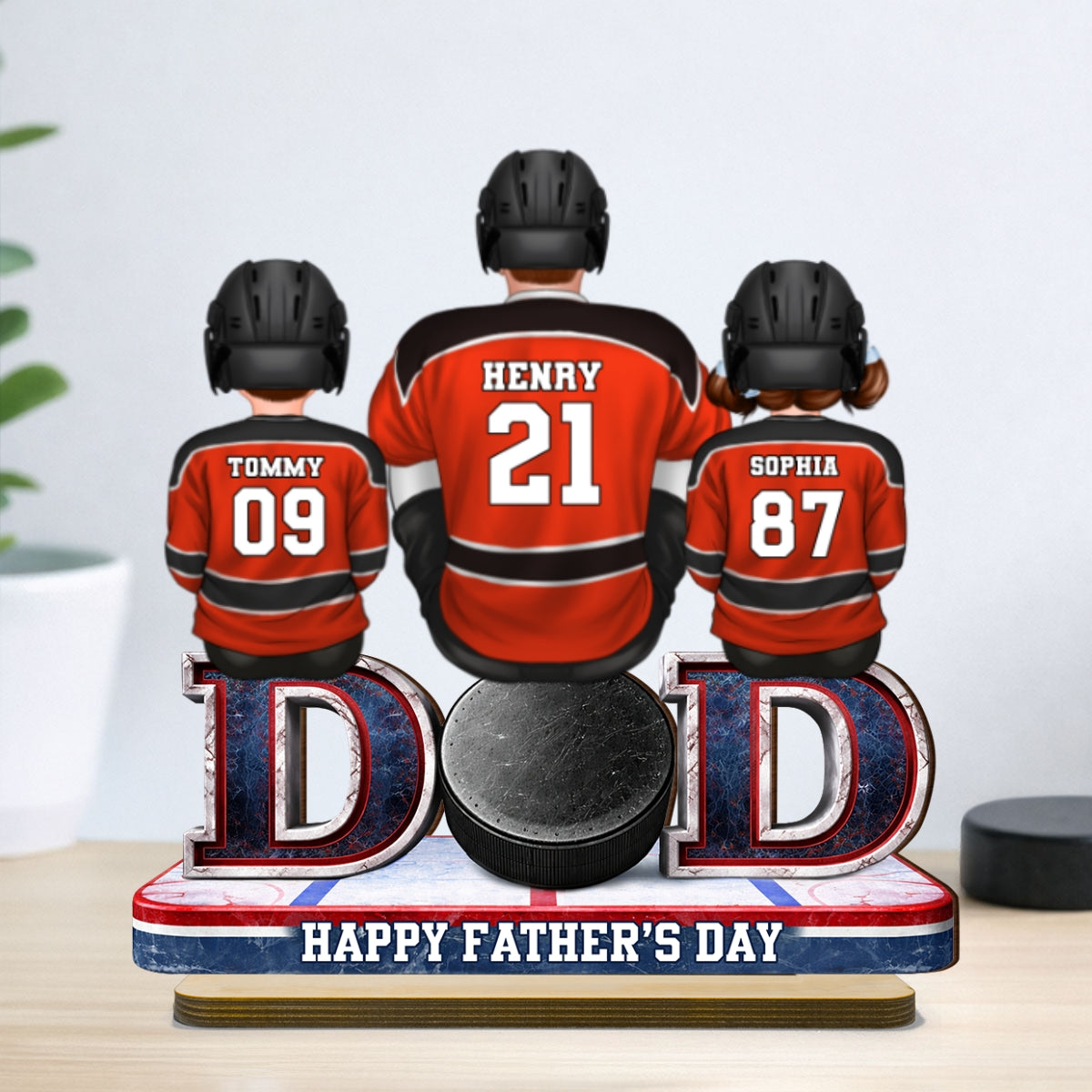 Hockey Dad And Kids Sitting Together - Personalized 2-Layered Wooden Plaque - Father's Day Gift, Gift For Hockey Dad, Gift For Husband