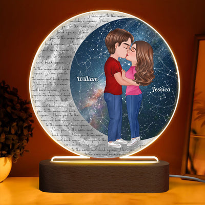 Doll Couple Kissing Star Sky On Moon Personalized Circle Acrylic LED Night Light
