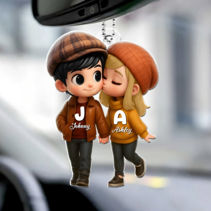 Fall Season 3D Effect Cute Cartoon Couple Walking Personalized Car Ornament, Perfect Gift for him, Gift for her