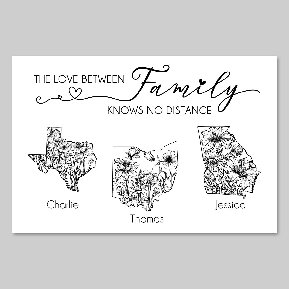 The Love Between Family Knows No Distance Native Wildflower State Map Personalized Poster
