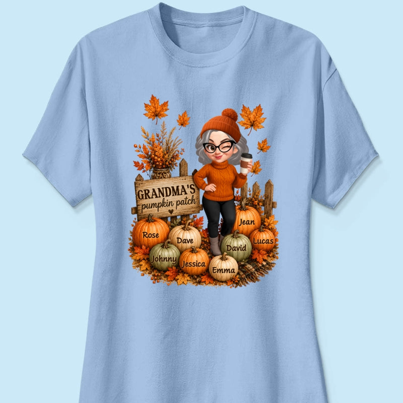 Hello Fall Grandma's Pumpkin Patch - Personalized Shirt - Trendy Fall Tee for Grandma