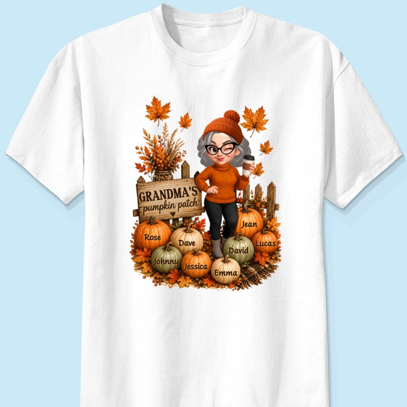 Hello Fall Grandma's Pumpkin Patch - Personalized Shirt - Trendy Fall Tee for Grandma