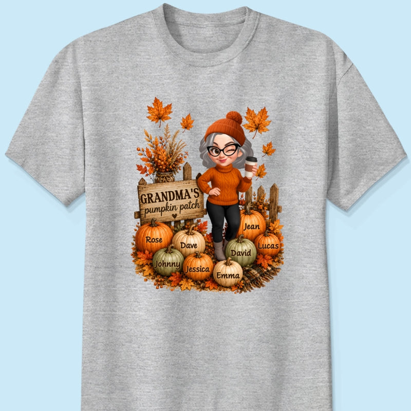 Hello Fall Grandma's Pumpkin Patch - Personalized Shirt - Trendy Fall Tee for Grandma