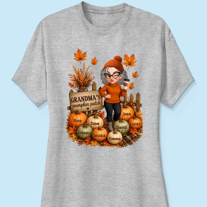 Hello Fall Grandma's Pumpkin Patch - Personalized Shirt - Trendy Fall Tee for Grandma